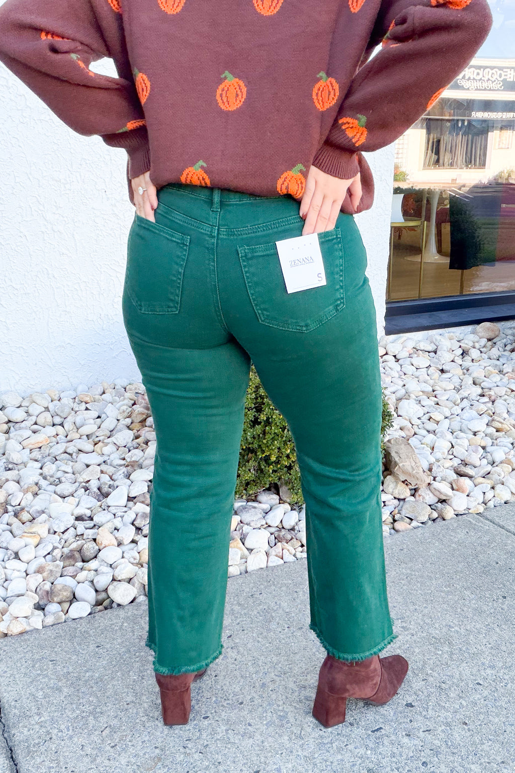 Acid Washed High Waisted Frayed Hem Bootcut Pant in H. Green