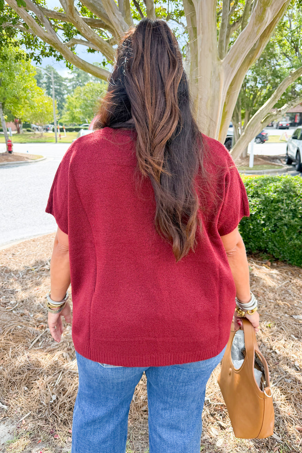 Oversized V-Neck Short Sleeve Sweater in Cabernet