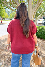 Oversized V-Neck Short Sleeve Sweater in Cabernet