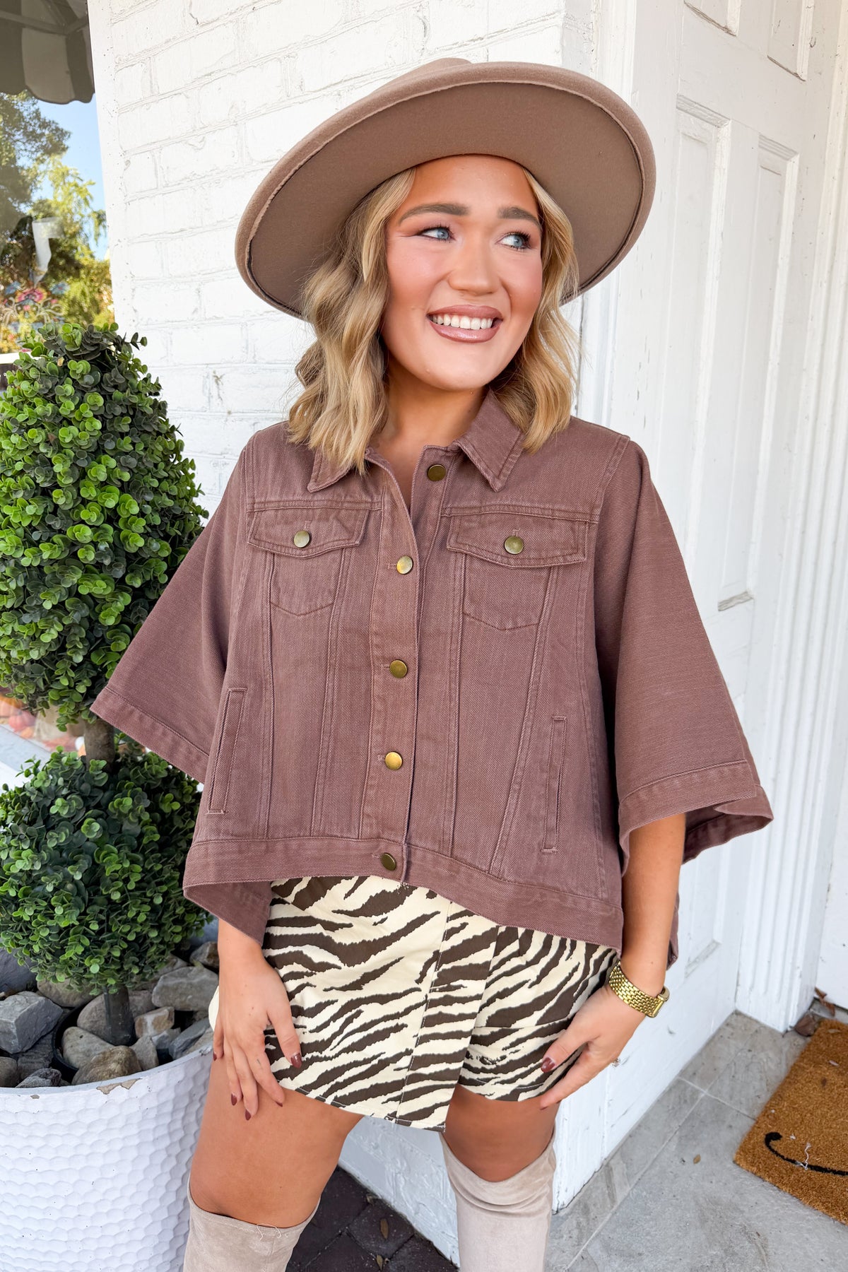 Cropped Slightly Oversized Denim Poncho in Brown