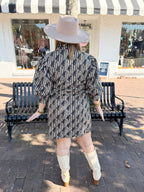 Ruffle Neck Printed Puff Sleeve Stripe Mini Dress in Brown