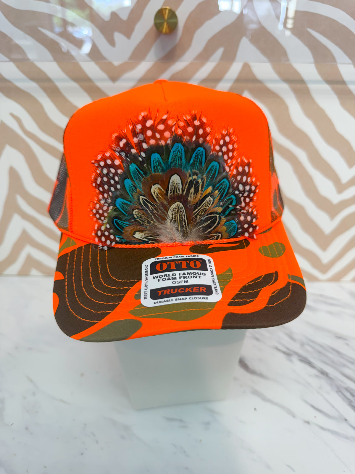 Feather Trucker Hat - Orange Camo (3 Options)