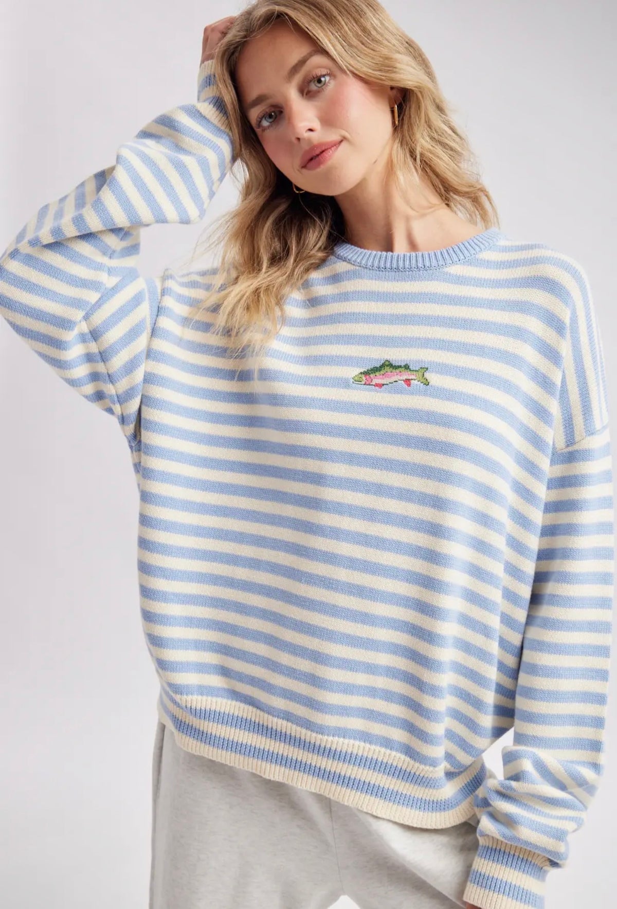 Rainbow Trout Embroidered Striped Fish Knit Sweater in Blue/Cream