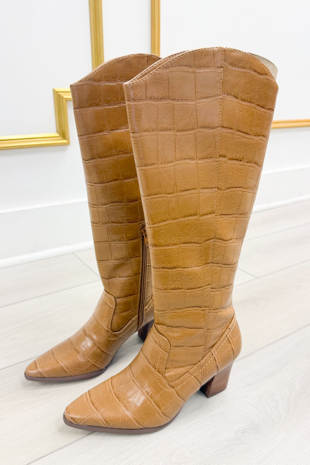 Crocodile Knee High Block Heel Boot in Tan