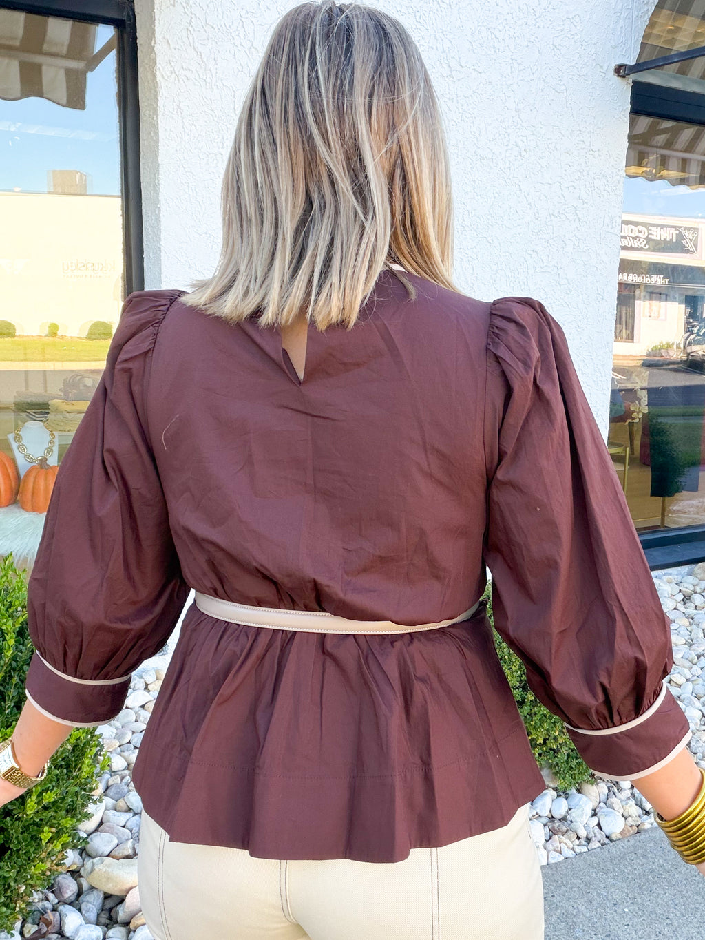 Long Puff Sleeve Belt Buckle Blouse in Brown