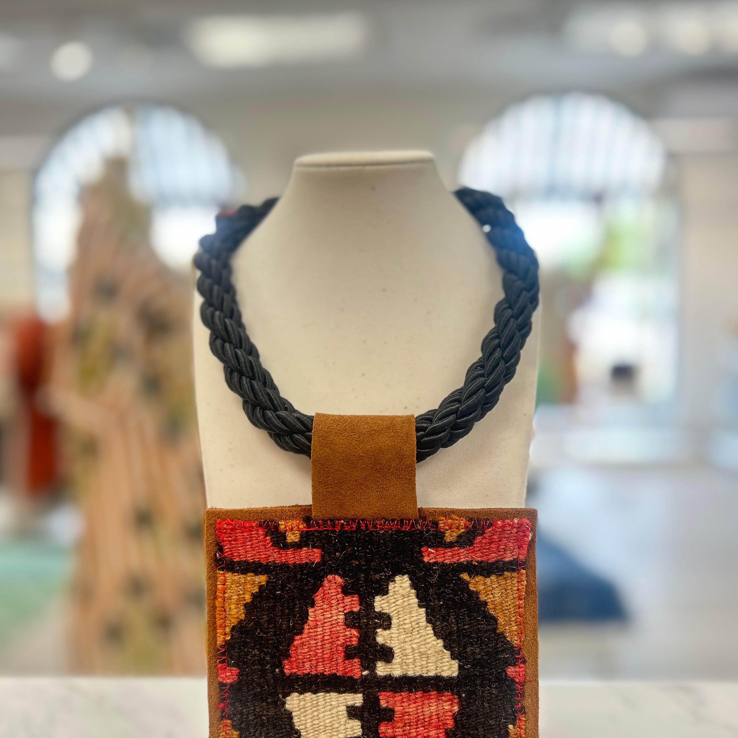 ORIJINAL Black Rope Pendant Necklace - Brown/Red Patch