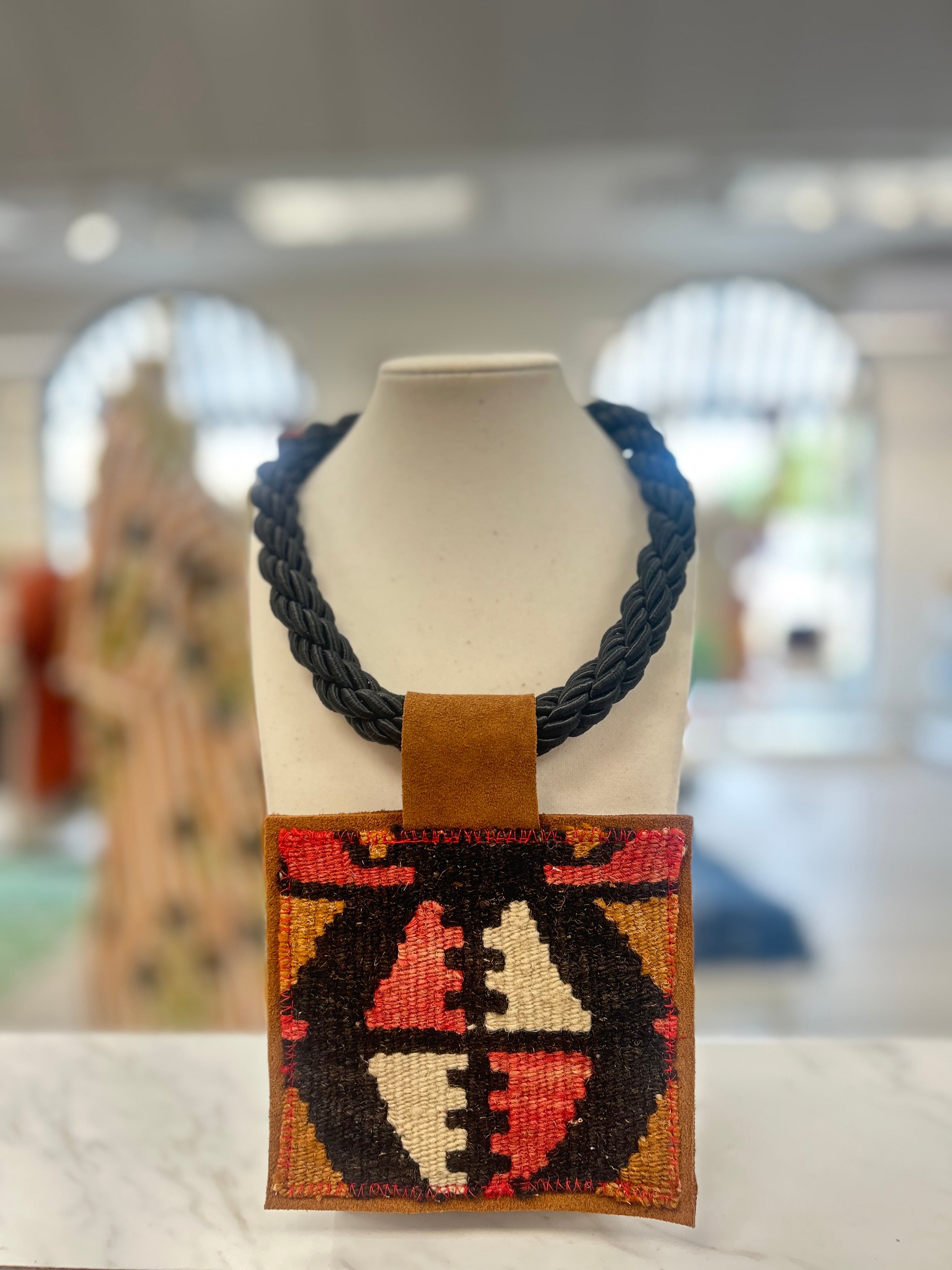 ORIJINAL Black Rope Pendant Necklace - Brown/Red Patch