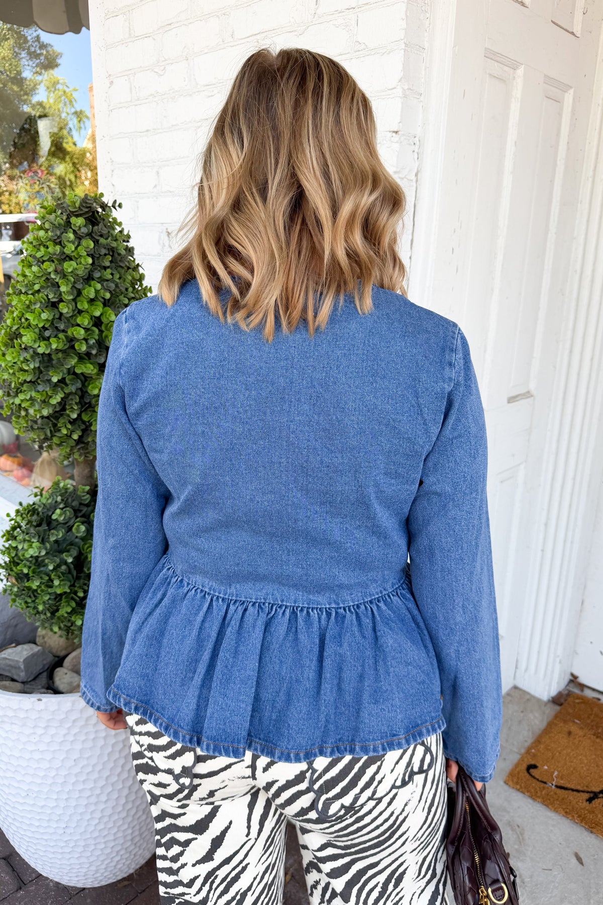 Ruffle Denim Horsebit Button Up Top