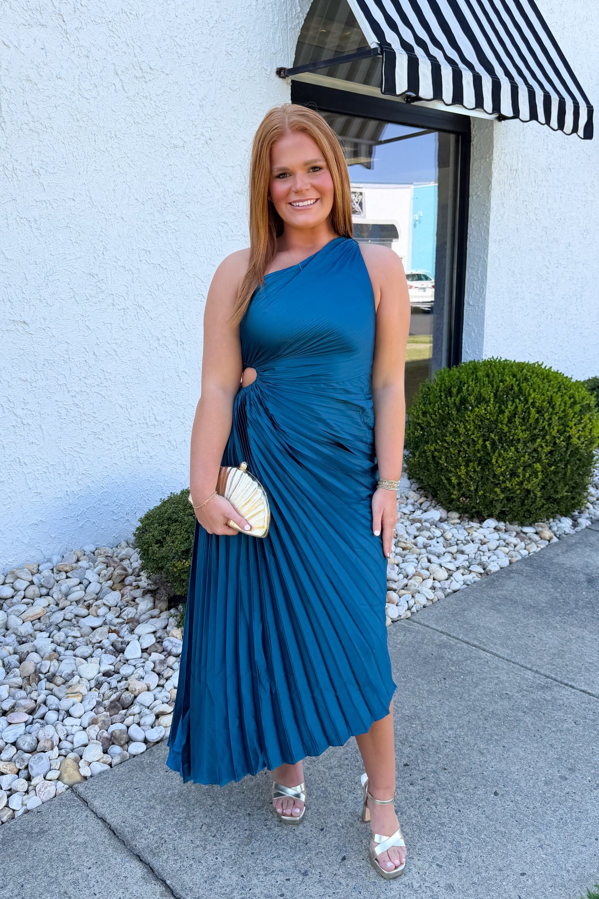 Pleated One Shoulder Asymmetrical Midi Dress - Blue Sapphire
