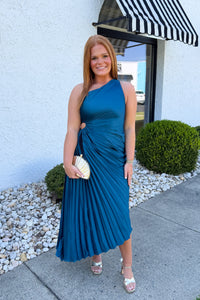 Pleated One Shoulder Asymmetrical Midi Dress - Blue Sapphire
