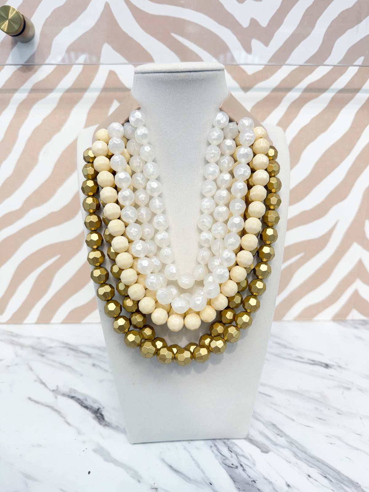 Multi Strand Beaded Necklace - Gold/Neutral Mix