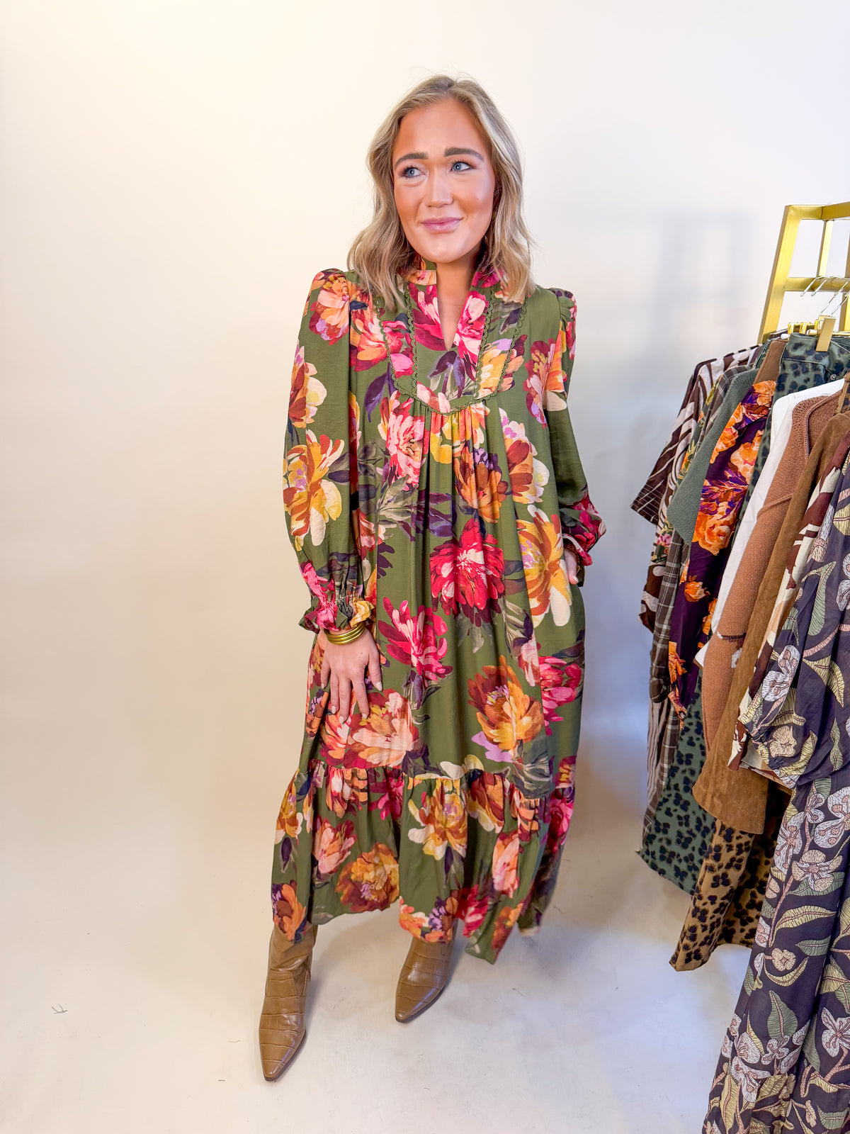 Floral Print Tiered Midi Dress in Olive Mix
