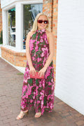 Fiona Floral Print Pleated Halter Maxi Dress in Brown
