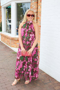 Fiona Floral Print Pleated Halter Maxi Dress in Brown