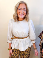 Long Puff Sleeve Belt Buckle Blouse in Ecru