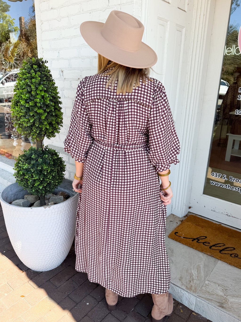 Gingham Belted Midi Dress in Red Brown