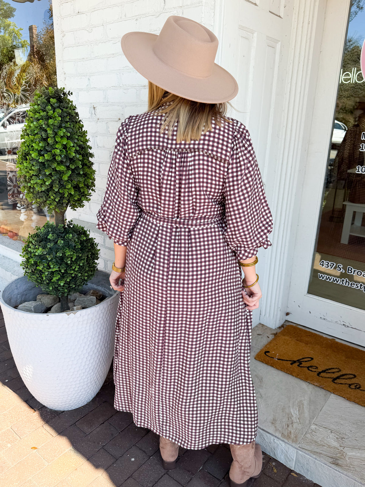Gingham Belted Midi Dress in Red Brown
