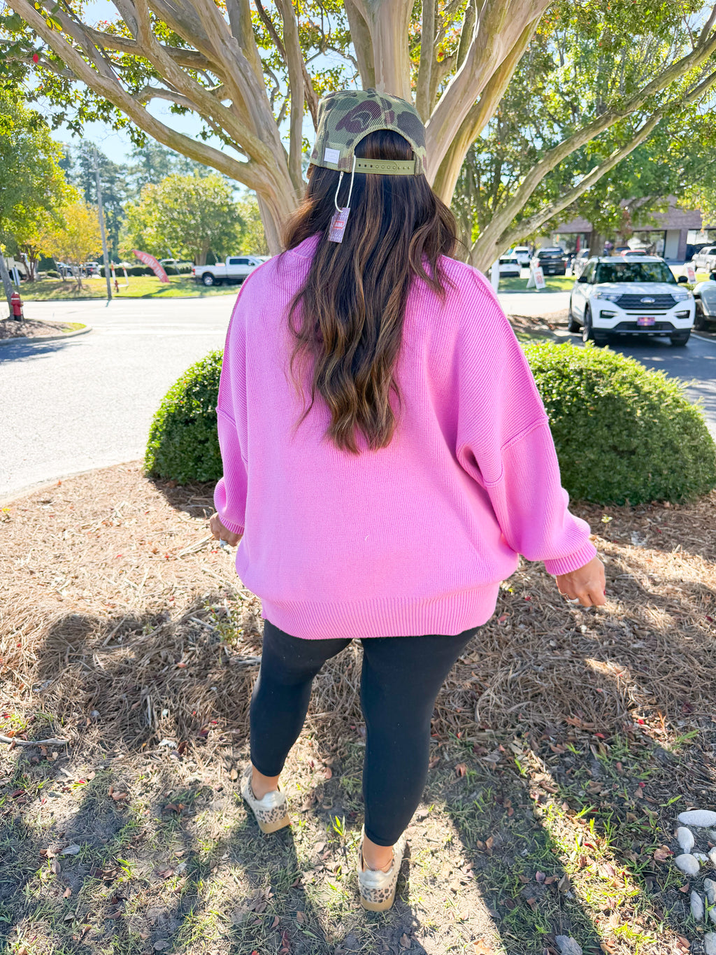 Side Slit Mockneck Long Sleeve Knit Sweater in Candy Pink