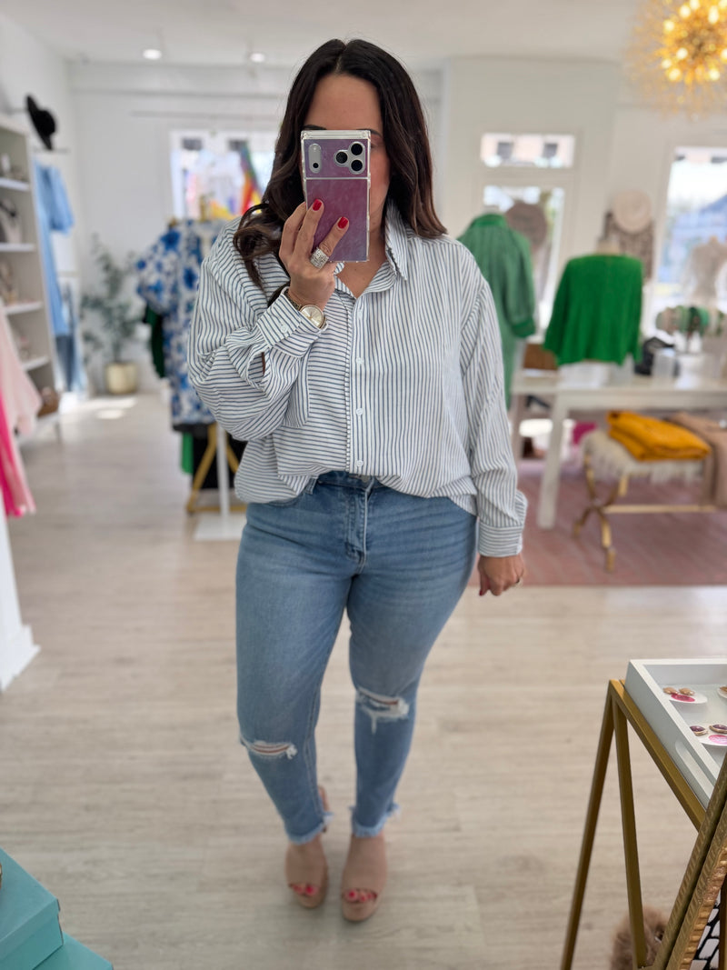 Breezy Banks Button Up in Classic Blue | Bomb Basic