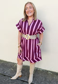 Klein Striped Shift Dress in Plum/Pink