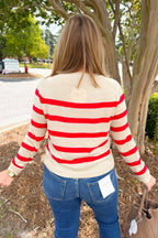 Striped Lightweight Wool Long Sleeve Round Neck Sweater in Ruby