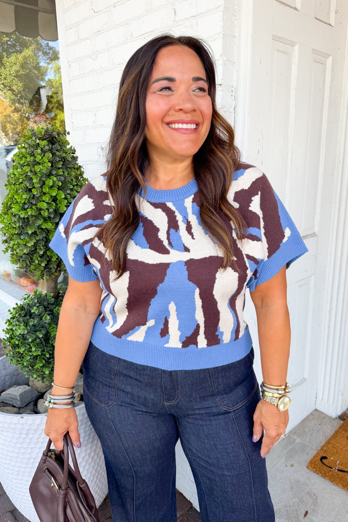 Short Sleeve Abstract Print Sweater in Blue Mix