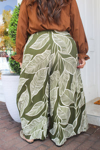 Tropical Leaf Print Wide Leg Pull On Palazzo Pants in Olive