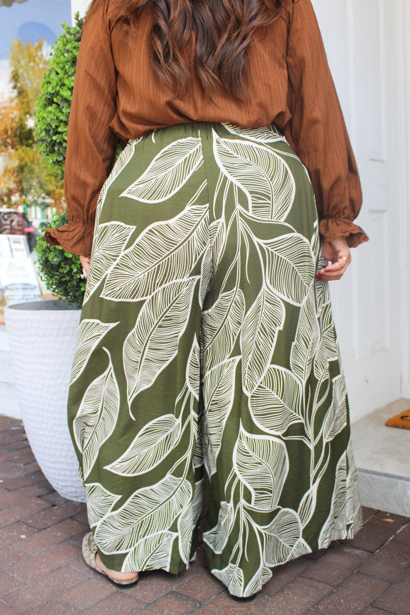 Tropical Leaf Print Wide Leg Pull On Palazzo Pants in Olive