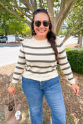 Striped Lightweight Wool Long Sleeve Round Neck Sweater in Dark Olive
