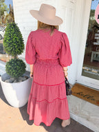 Plaid Split Neck Tiered Midi Dress in Crimson
