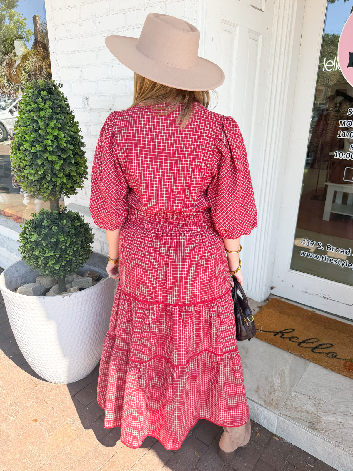 Plaid Split Neck Tiered Midi Dress in Crimson