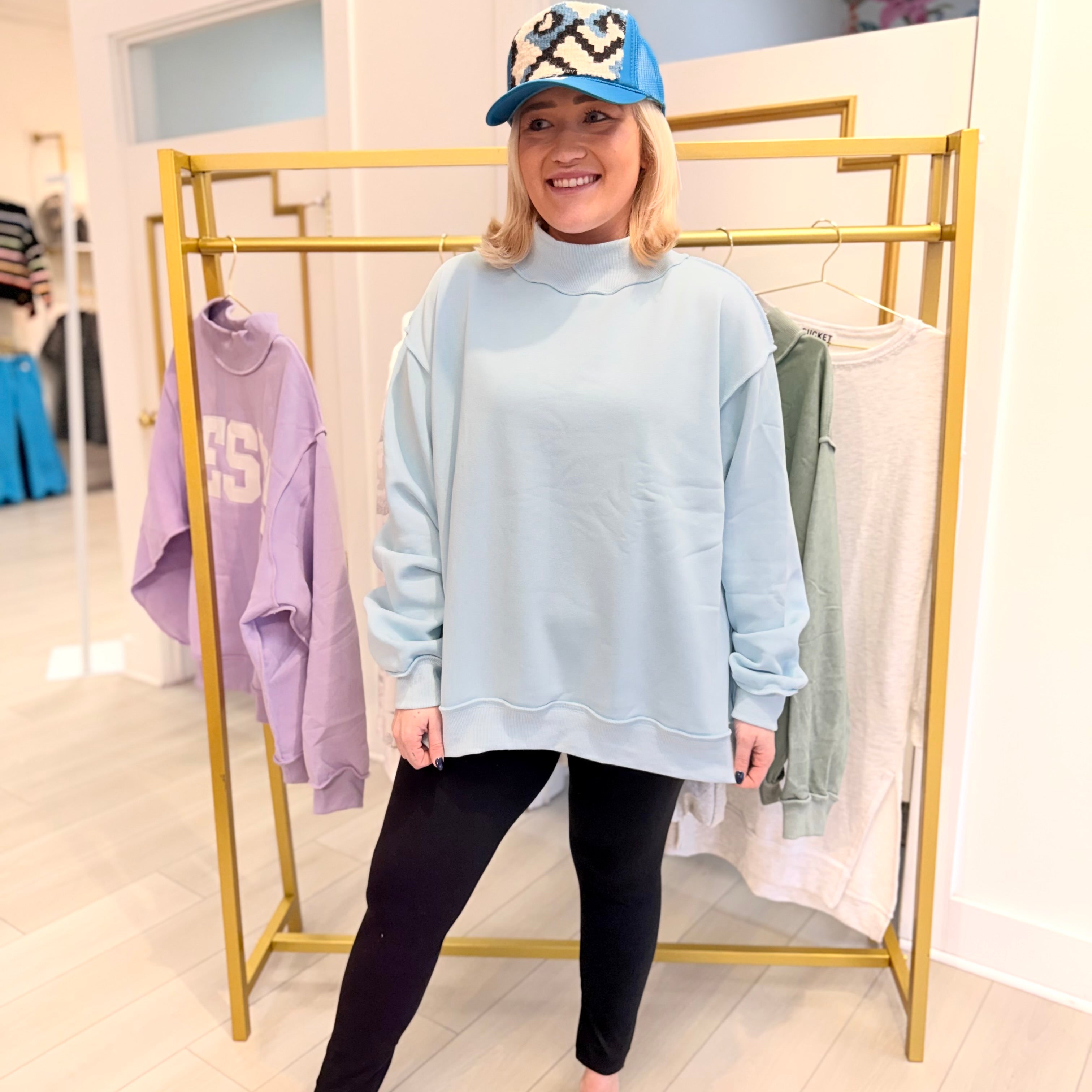 Solid Oversized Mock Neck Sweatshirt in Blue