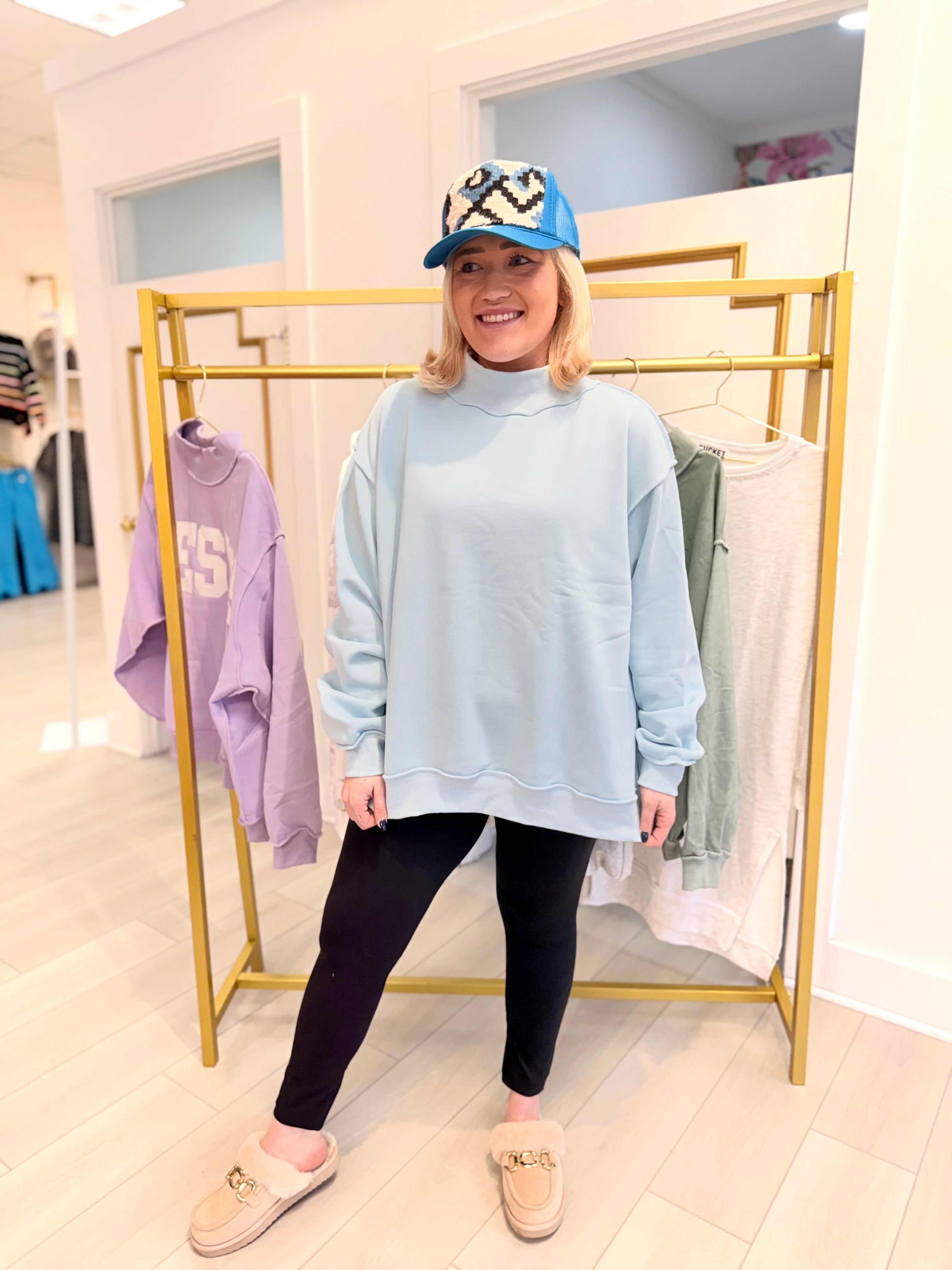 Solid Oversized Mock Neck Sweatshirt in Blue