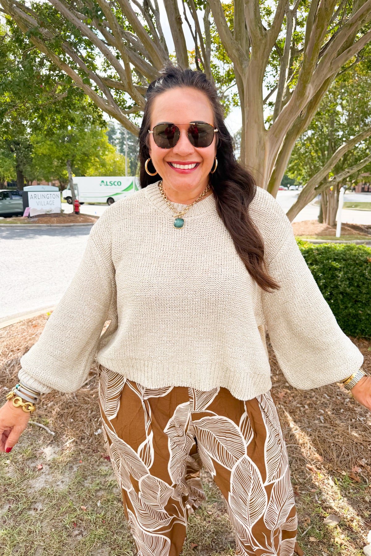 Oversized Knit Round Neck Balloon Sleeve Sweater in Sand Beige