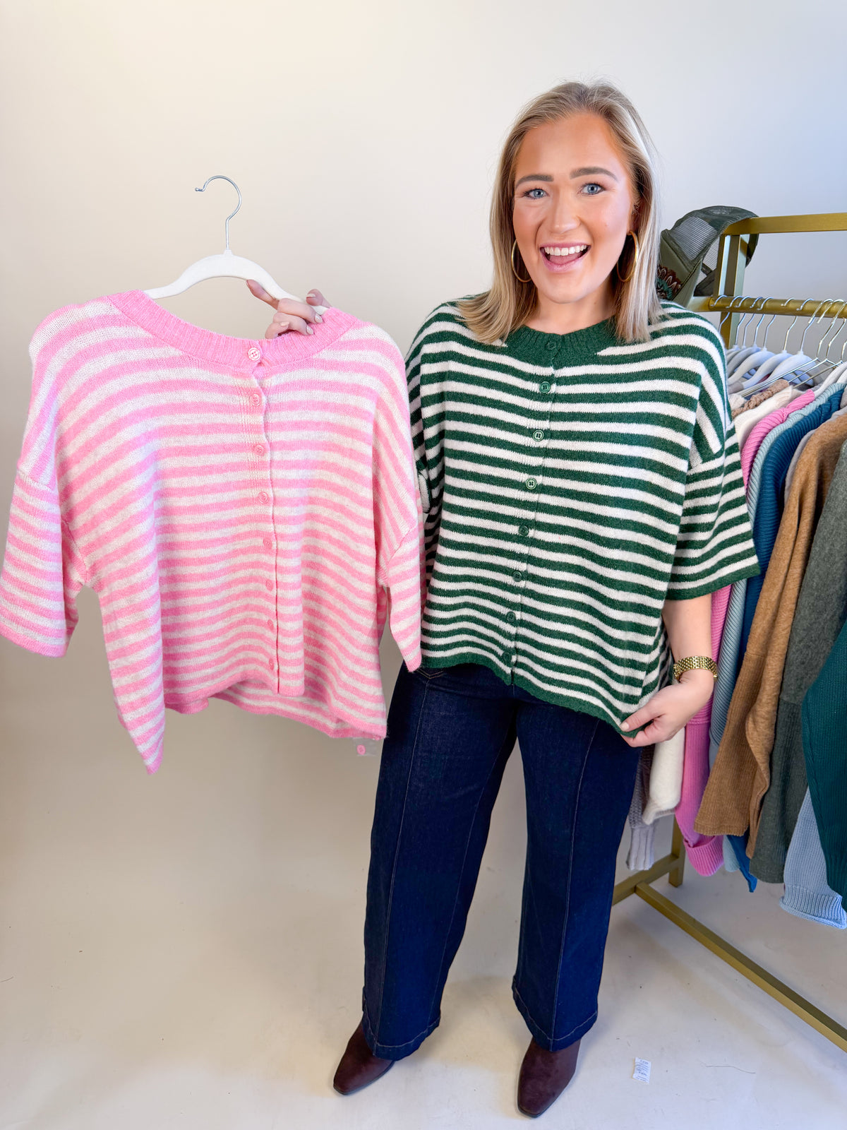 Wool Short Sleeve Striped Button Up Sweater in Candy Pink
