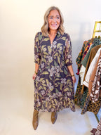 Floral Abstract Print Collared Midi Dress in Brown Mix