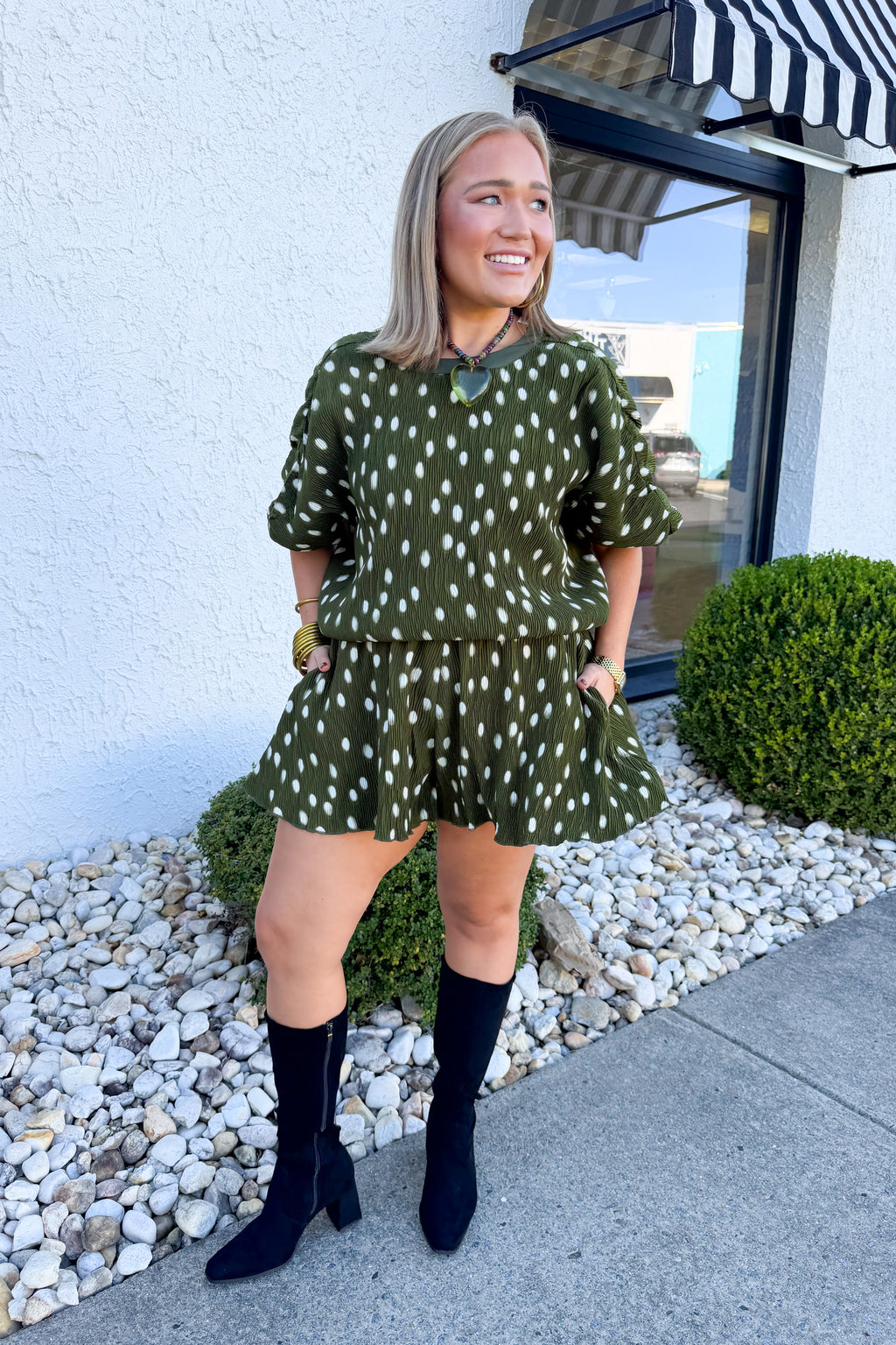 Pleated Puff Sleeve Bubble Hem Dot Pattern Blouse in Olive