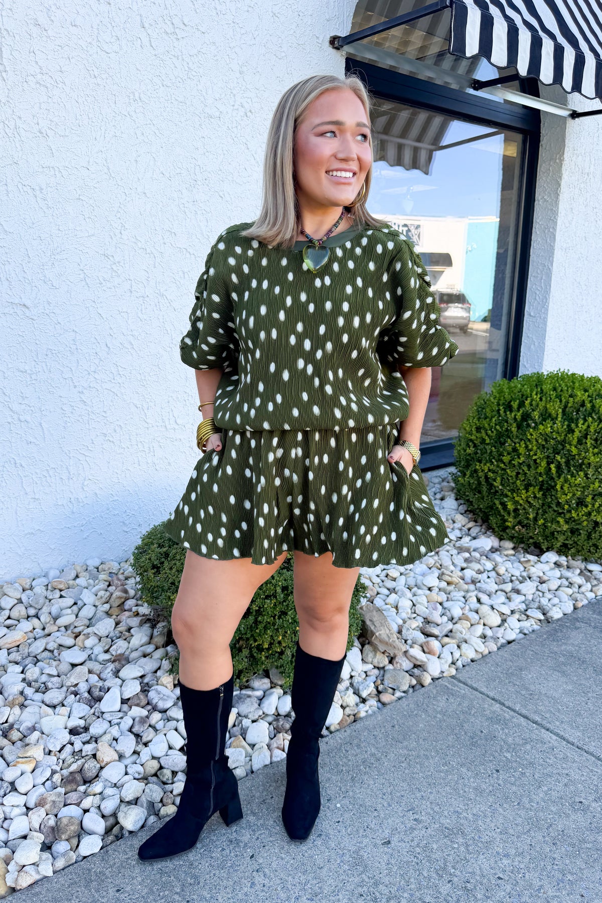 Pleated Puff Sleeve Bubble Hem Dot Pattern Blouse in Olive