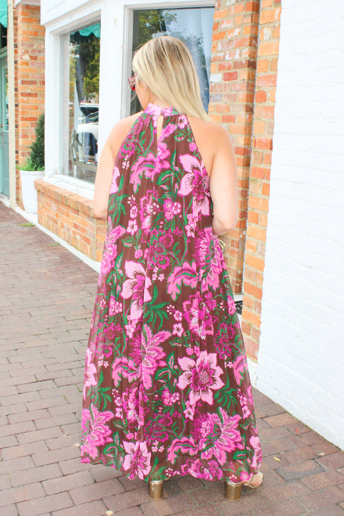 Fiona Floral Print Pleated Halter Maxi Dress in Brown