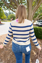 Striped Lightweight Wool Long Sleeve Round Neck Sweater in Navy