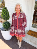 Abstract Print Long Sleeve Mini Dress in Wine Mix