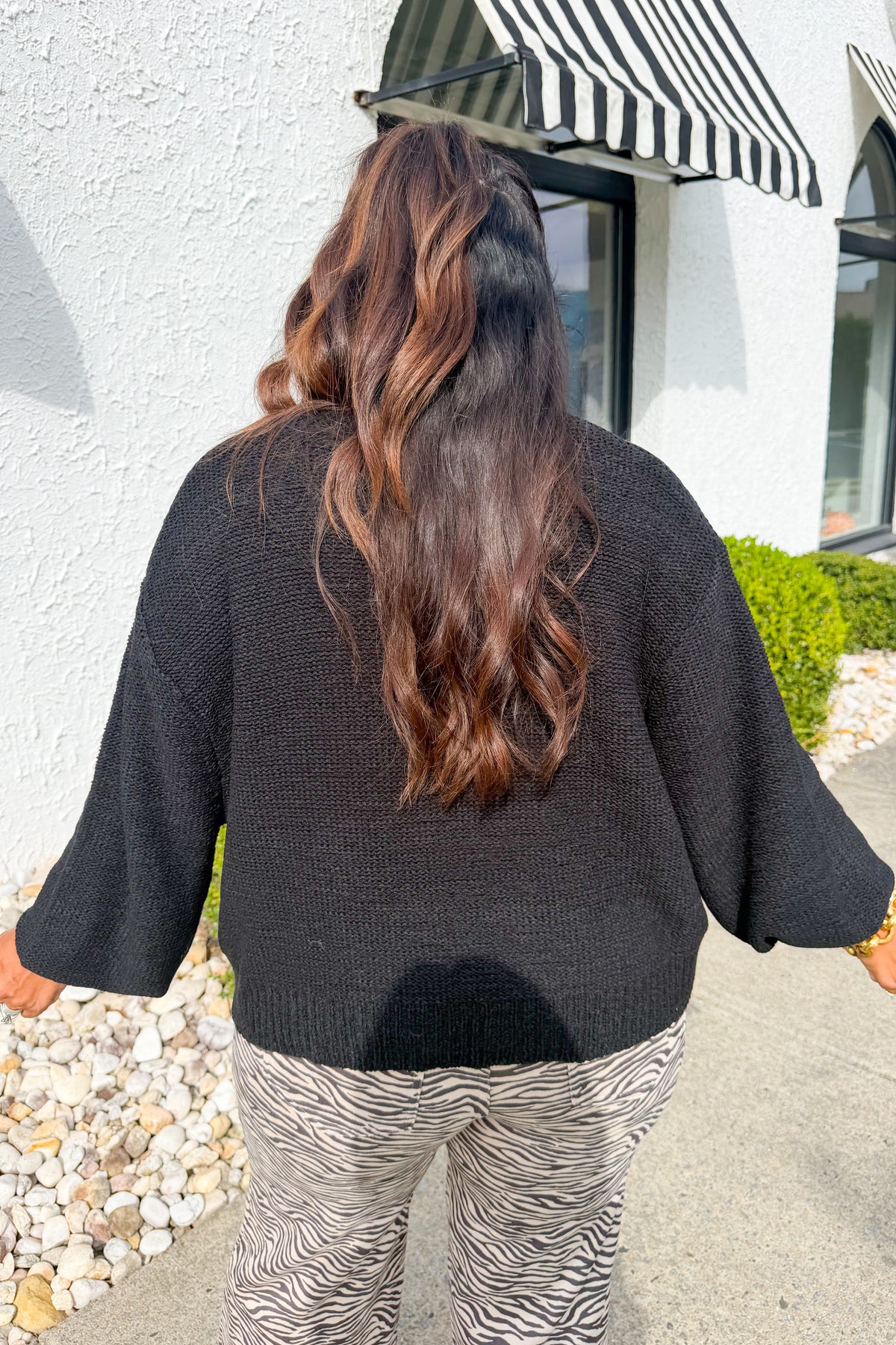 Oversized Knit Round Neck Balloon Sleeve Sweater in Black