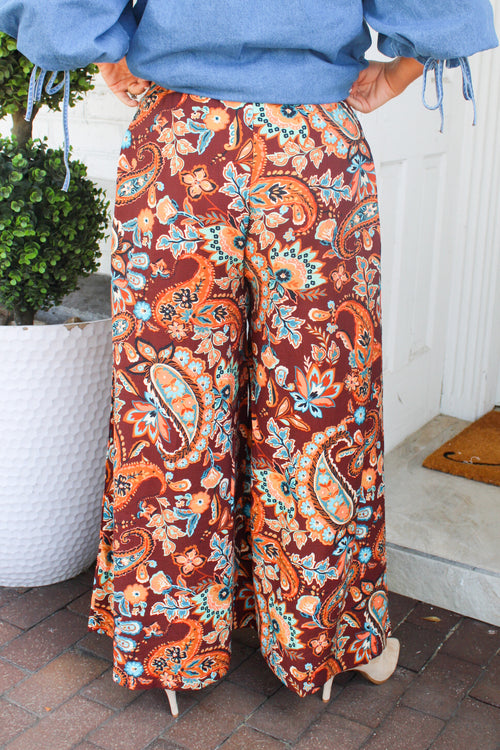 Paisley Print Elastic Waist Wide Leg Pants in Brown Mix