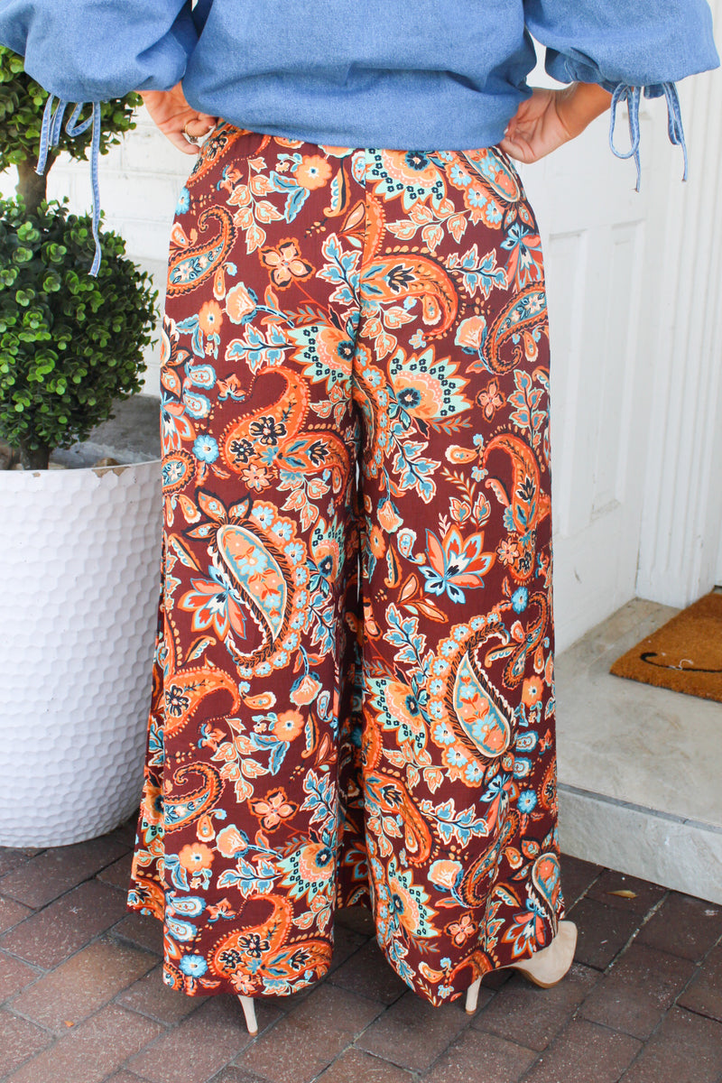 Paisley Print Elastic Waist Wide Leg Pants in Brown Mix