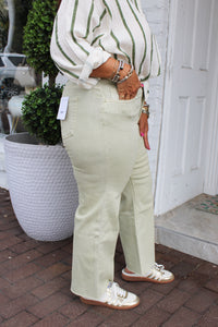 High Rise Olive Color Crop Wide Leg Jeans Vervet