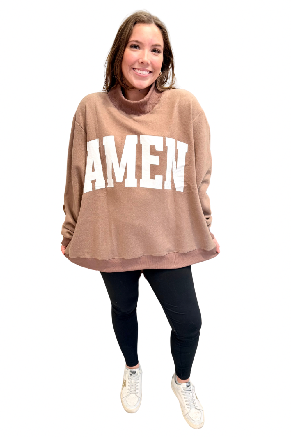'WWJD & AMEN' Reversible Mock Neck Sweatshirt in Brown/Cream