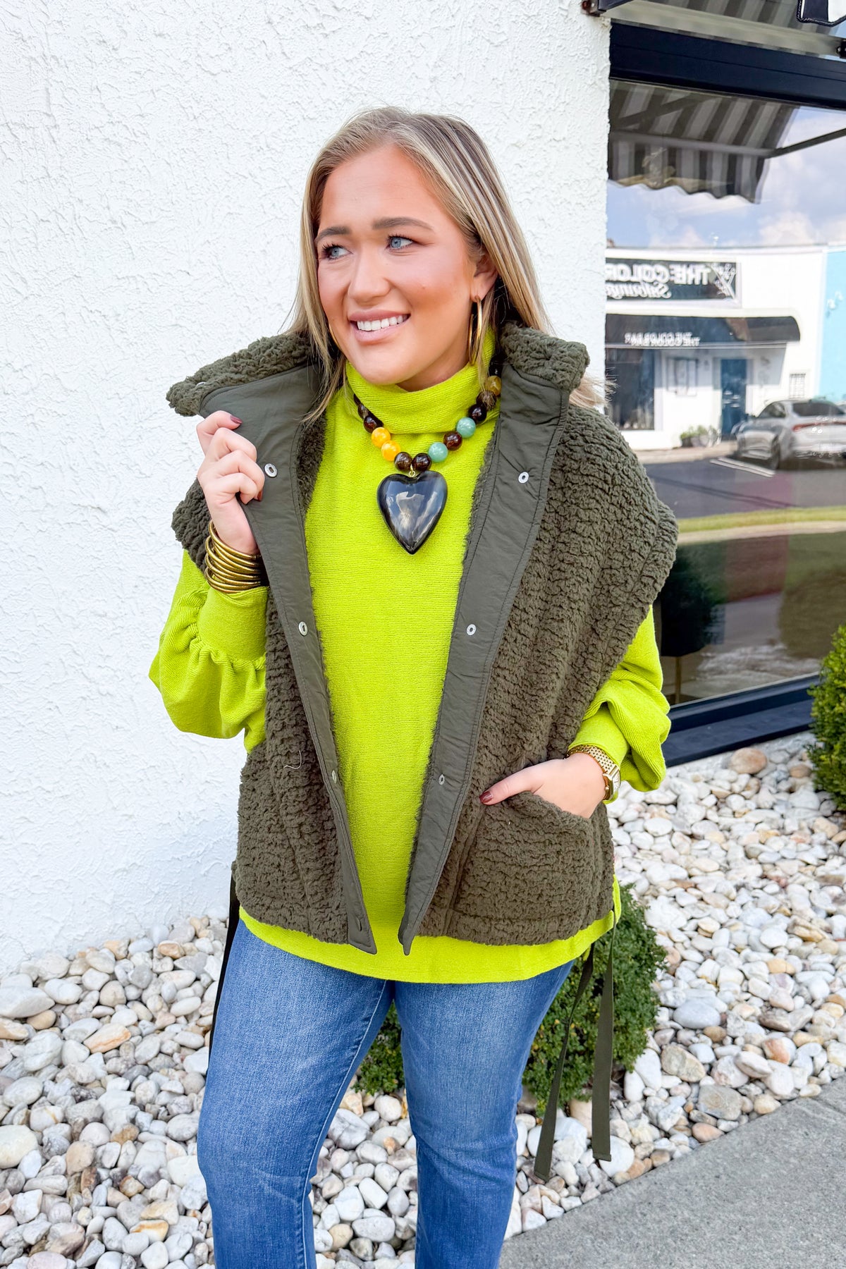 Oversized Faux Fur Vest in Dark Olive