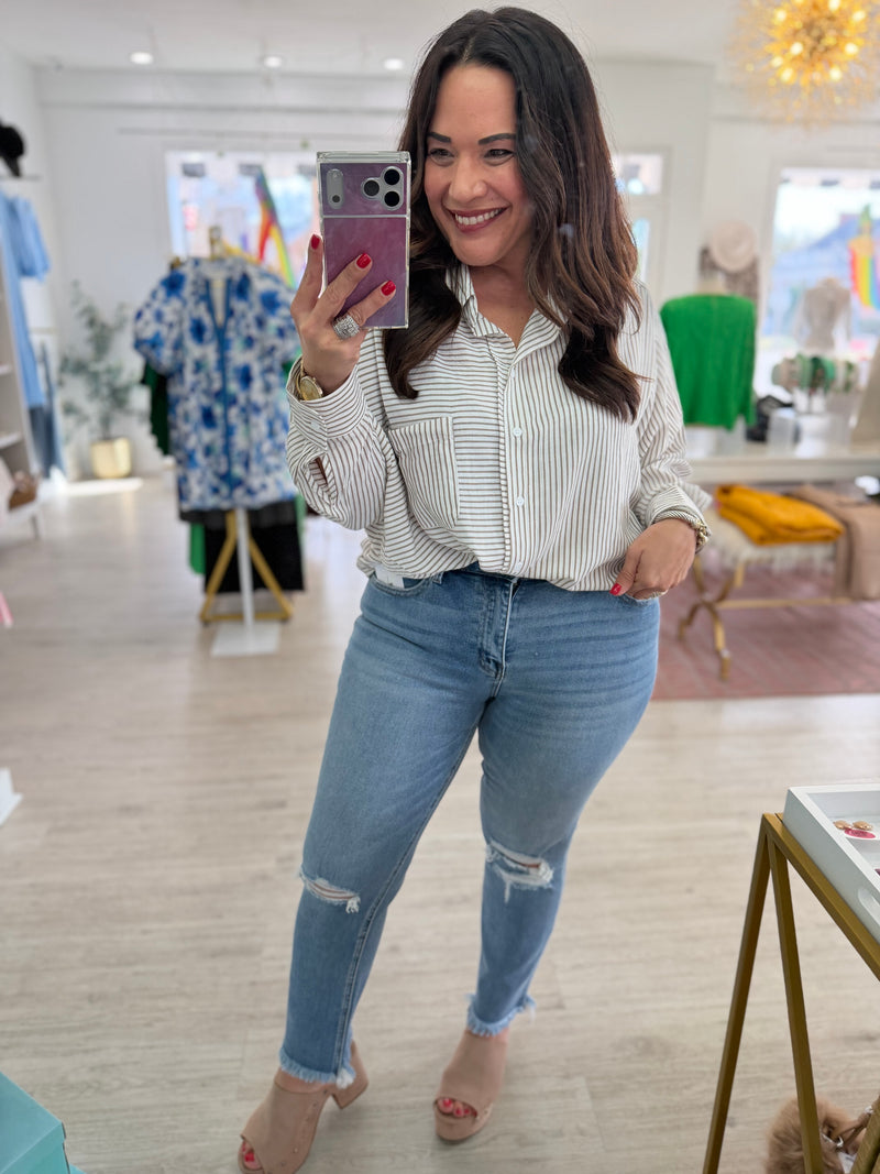 Breezy Banks Button Up in Taupe | Bomb Basic