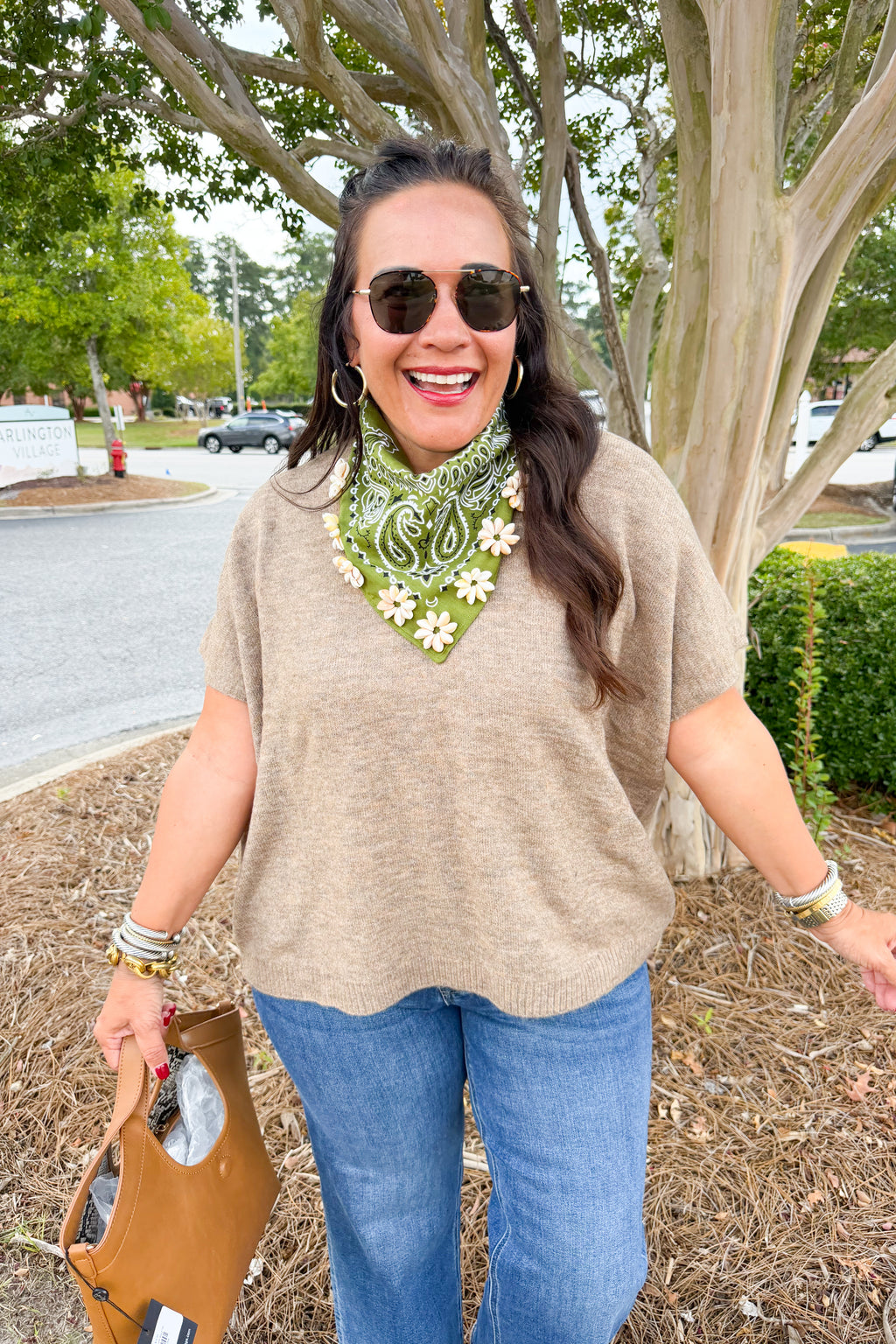 Oversized V-Neck Short Sleeve Sweater in Heather Mocha