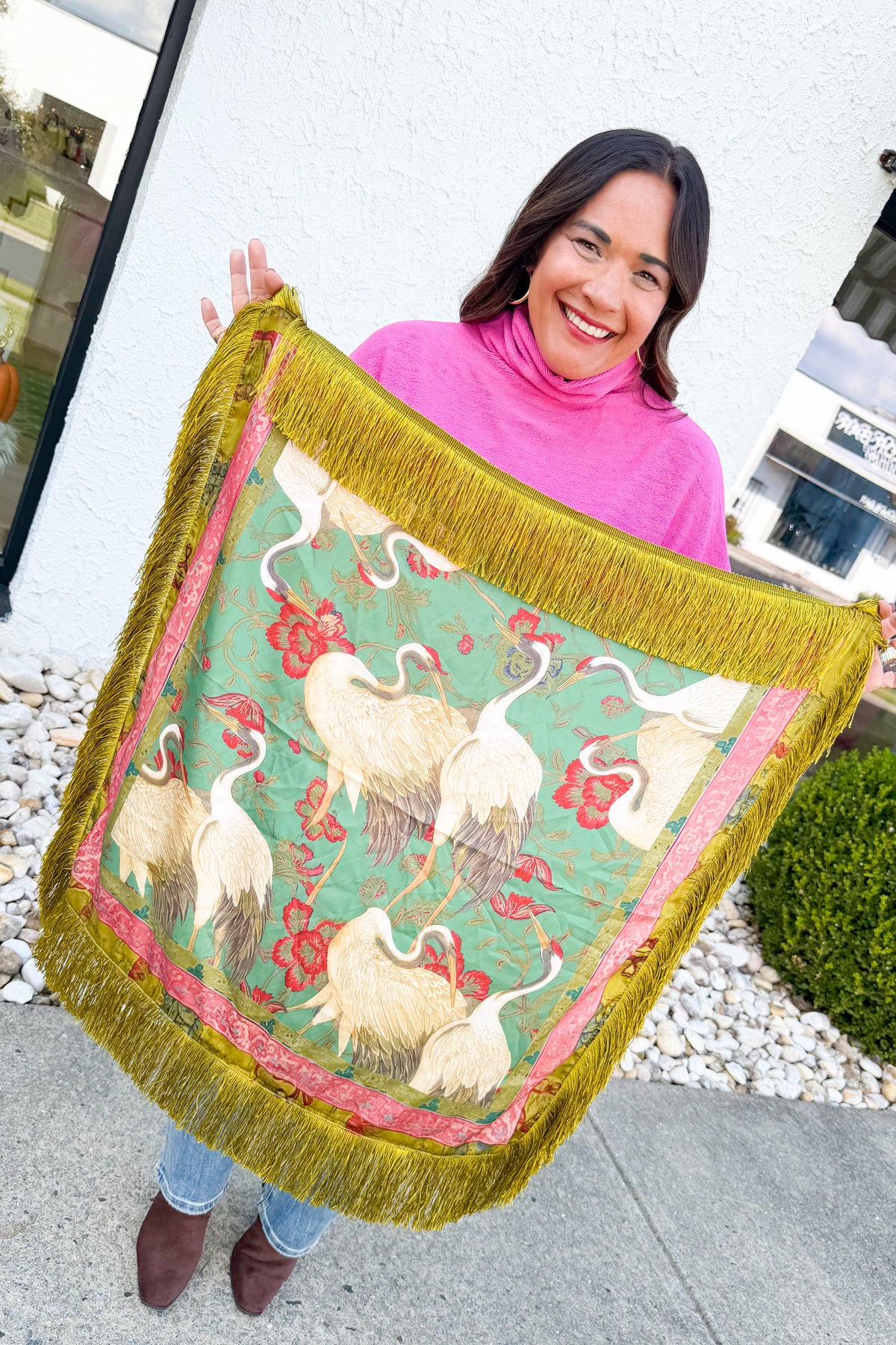 Oversized Crane Fringe Scarf - Pink/Green